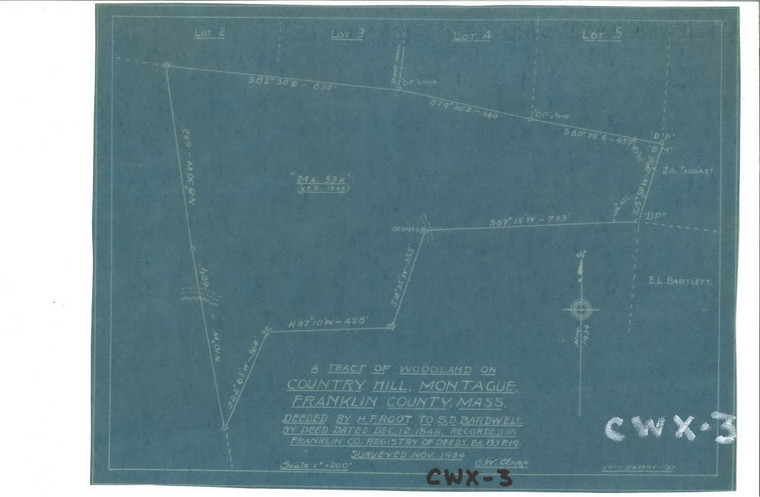 SS Bardwell from HR Root 24 ac 53 r on County Hill- from 1848 deed Montague CWX-003 - Map Reprint