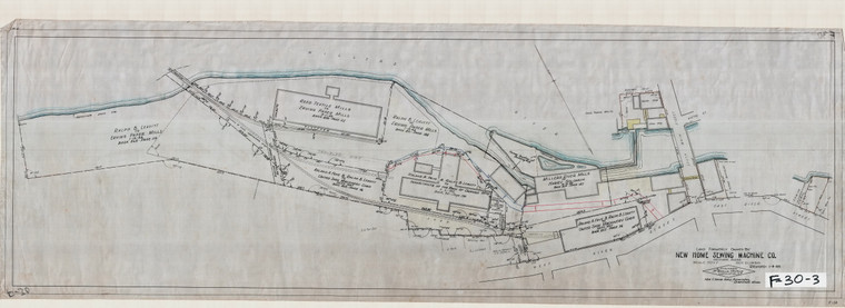 New Home Sewing Machine  Showing Railroad Bridge - Details + Etc. Orange F-30-03 - Map Reprint