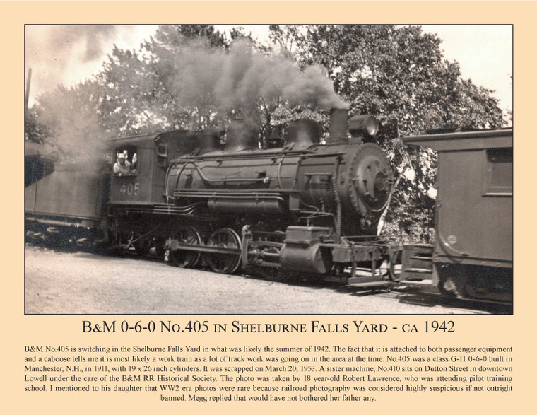 B&M 0-6-0 No.405 in Shelburne Falls Yard - ca 1942 - June 2022 Railroad Calendar Picture