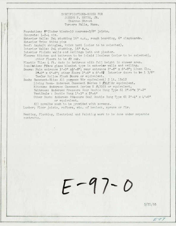 Specifications - House for Joseph R. Hayde Jr. Montague E-097-0 - Map Reprint