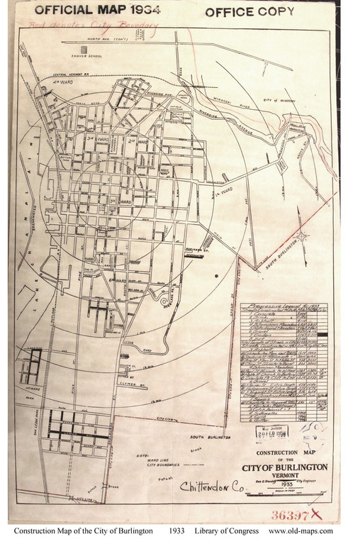 Burlington 1934 Construction - Old Map Reprint - Vermont Towns Other (Rsch)