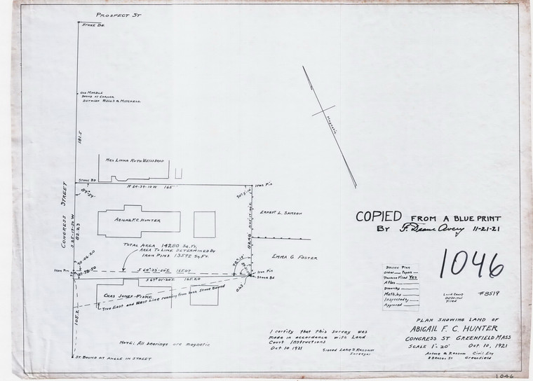 Chas. Fiske vs. Abigail Hunter    Copy of Land Ct. Greenfield 1046 - Map Reprint