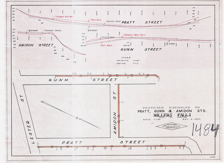 Town of Erving - Sidewalk - Pratt, Gunn, & Amidon Sts.    Millers Falls Erving 1484 - Map Reprint