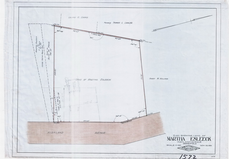 Martha Esleeck    W. Side Highland Ave to James St .  150.65 + 59.09 Greenfield 1572 - Map Reprint