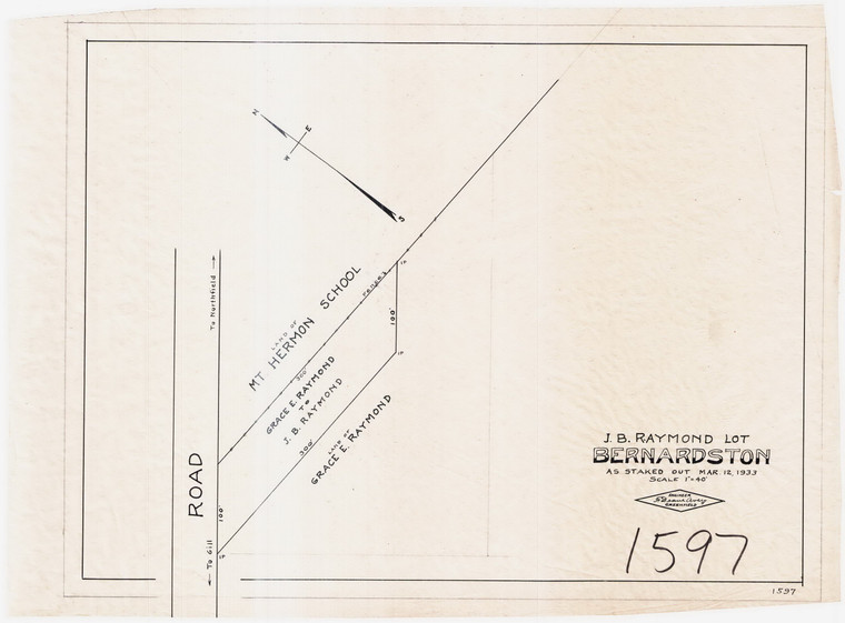 J.B. Raymond Lot  adjoins Mt Hermon School Bernardston 1597 - Map Reprint