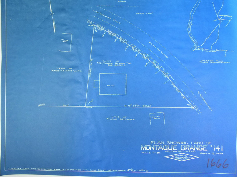 Montague Grange #141 - Land Court Plan    Mont. Ctr - on Main St. - 0.41 ac Montague 1666 - Map Reprint