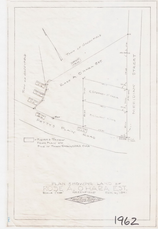 Rose A O'Hara Est - Cor Petty's Plain + Meridian St Greenfield 1962 - Map Reprint