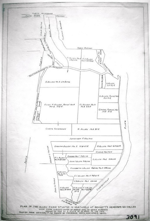 Allen Farm - Bennetts Meadows - (Ozias Roberts Surveys)  deed study - traced Northfield 3091 - Map Reprint