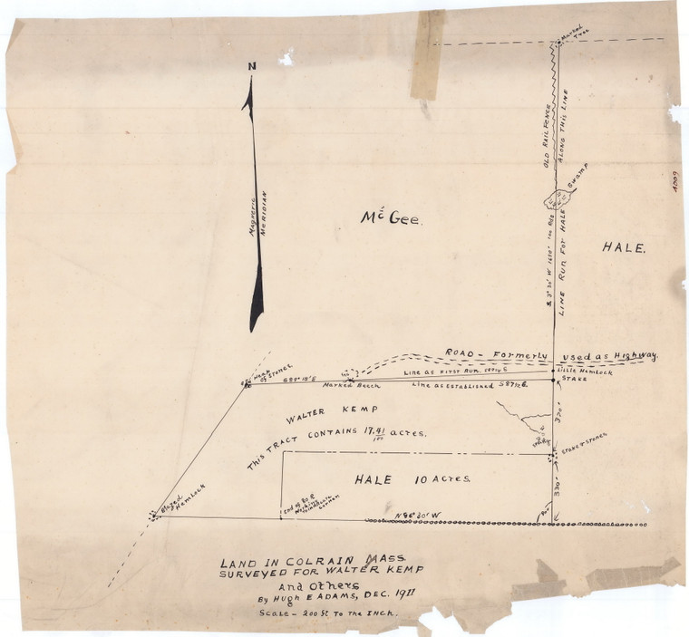 Walter Kemp 18.41 ac  - Hale - McGee - H.A. Adams survey Colrain 4009 - Map Reprint