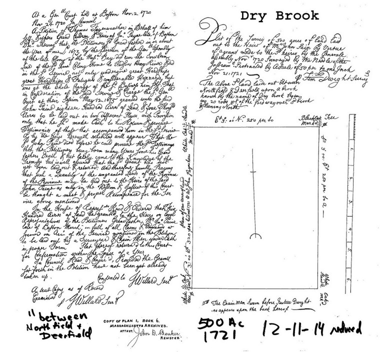 Tracings from Mass. Archives by John D. Bouker - 500ac betw. Northfield and Deerfield on Dry Brook - Timothy Dwight   12-011-014 - Map Reprint