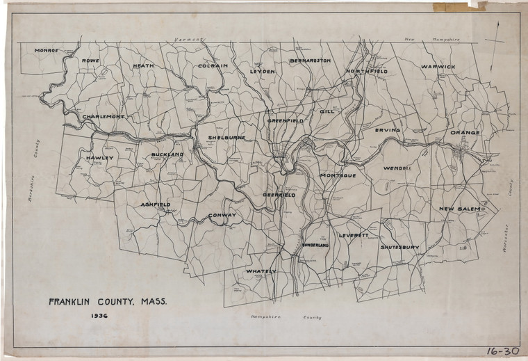 Heavy Outline Map of Franklin County 1936 village names - no road names   0_FranklinCo 16-30-1 - Map Reprint