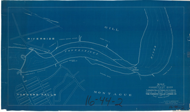 Turners Falls Lumber Co - Log Booms on Conn River - Gill and Montague  Montague 16-44-2 - Map Reprint