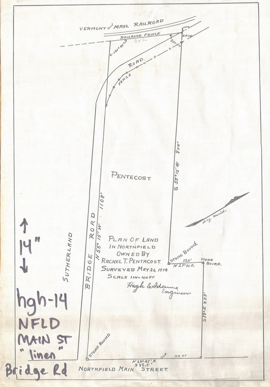 Plan of Land in Northfield owned by Rachel T. Pentacost - Map (Digital Download Copy)