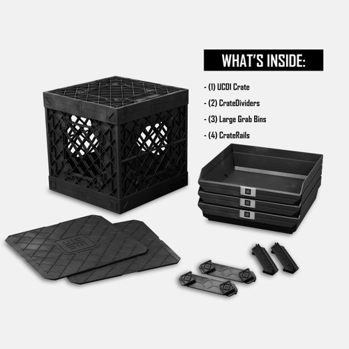 What’s Inside the 1x3 Grabinet Kit – UC01™ collapsible crate with 3 large 1x3 Grab Bins and 2 CrateShelf™ kits laid out. What’s Inside the 1x3 Grabinet Kit – UC01™ collapsible crate with 3 large 1x3 Grab Bins and 2 CrateShelf™ kits laid out.