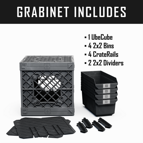 What’s Inside 2x2 Grabinet Kit – UC01™ collapsible crate shown with 4 medium 2x2 Grab Bins, 2 CrateDividers, and CrateRails.