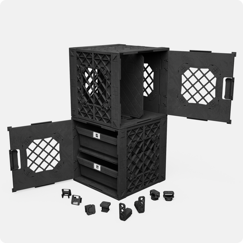 Two stacked UbeCube Combo Pack 01 crates shown with Grab Bins and modular accessories displayed in front, demonstrating storage setup.
