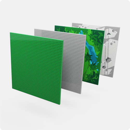 Four CratePlay™ Build Plate designs fanned out, including solid green, gray, jungle terrain, and moon surface themes, each featuring LEGO®-compatible stud grids. Four CratePlay™ Build Plate designs fanned out, including solid green, gray, jungle terrain, and moon surface themes, each featuring LEGO®-compatible stud grids.