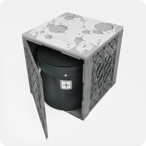 UbeCube CratePlay Storage Kit with gray crate, moon design build plate, and building block storage bag. UbeCube CratePlay Storage Kit with gray crate, moon design build plate, and building block storage bag.