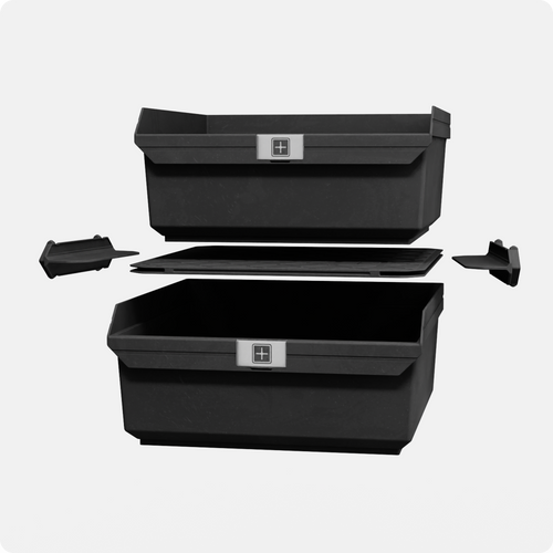 Grabinet Outfitter 1x2 Kit exploded view – two Extra Large Grab Bins with CrateShelf rails and shelf components.