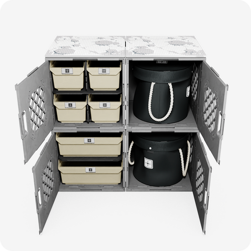 CratePlay Cabinet Kit with modular storage crates open to show internal Grab Bins and storage setup with LEGO-compatible build plates on top. CratePlay Cabinet Kit with modular storage crates open to show internal Grab Bins and storage setup with LEGO-compatible build plates on top.