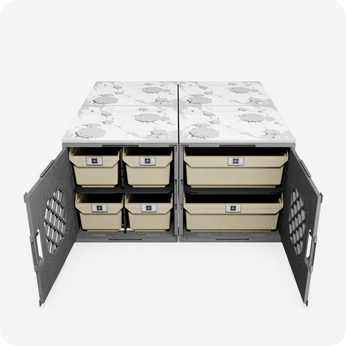 CratePlay Table Kit with four modular crates, storage bins, and moon-pattern LEGO-compatible build plates on top CratePlay Table Kit with four modular crates, storage bins, and moon-pattern LEGO-compatible build plates on top