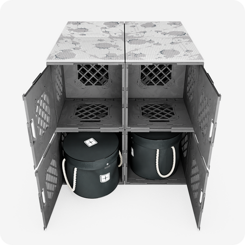 UbeCube CratePlay Build Table with storage crates open, showing toy storage bags and interior compartments. UbeCube CratePlay Build Table with storage crates open, showing toy storage bags and interior compartments.