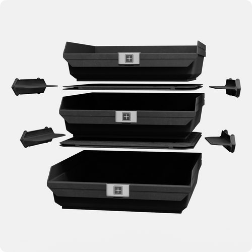 Grabinet Outfitter 1x3 Kit exploded view – three Large Grab Bins with CrateShelf rails and shelf components.