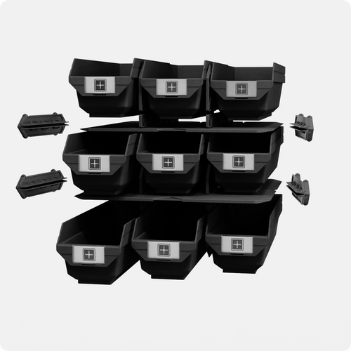 Grabinet Outfitter 3x3 Kit exploded view – nine Small Grab Bins with CrateDividers and CrateRails.