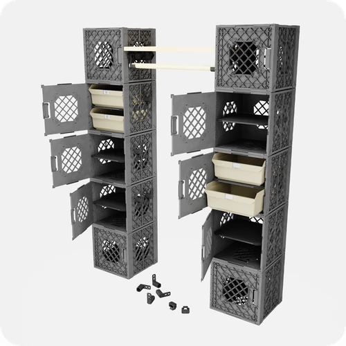 UbeCube CrateCloset Base Bundle full view with two vertical crate towers, storage bins, closet rods, and connectors laid out for assembly.