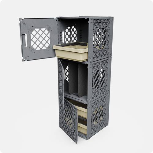 Gray UbeCube ToolTower modular storage with three stacked crates, open doors, and sand drop-in trays inside for organized tool storage.