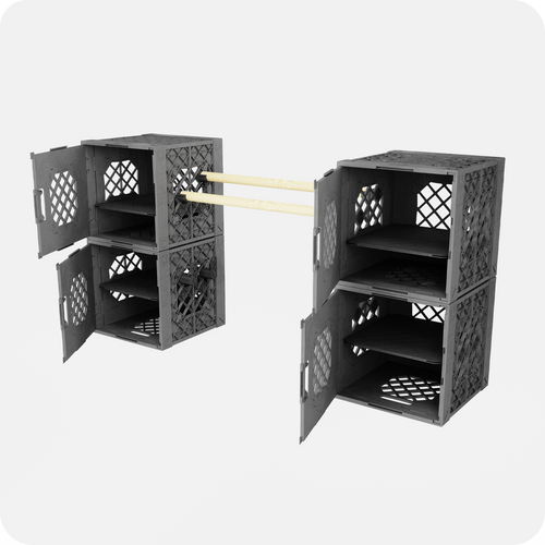 UbeCube’s KickStand II setup with four UC01 crates, doors open and rods installed between towers for modular shoe storage.