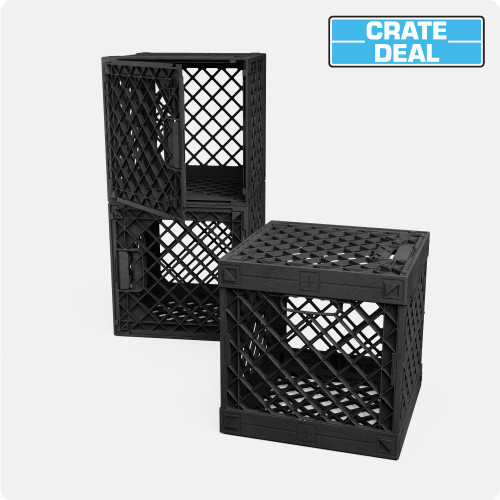 UC02™ Multi-Pack with black lidded modular crates shown stacked and separated for collapsible storage