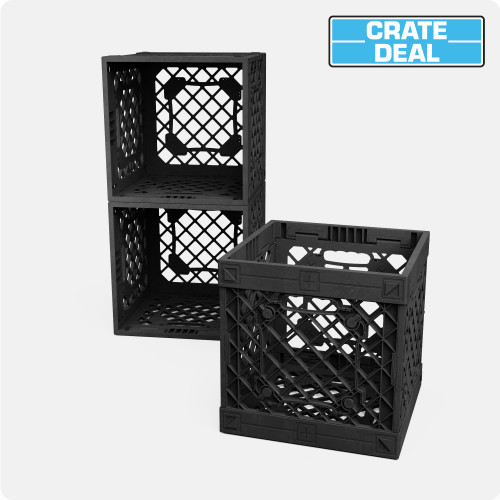 UC02™ MOD Lidless Multi-Pack with black open storage crates shown stacked and separated for modular crate storage