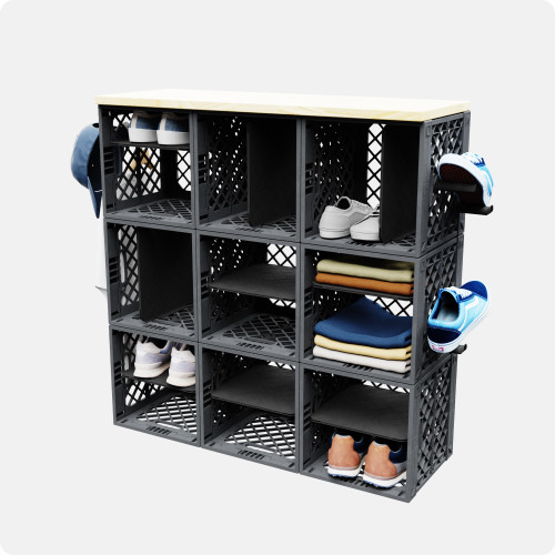 UbeCube CrateKicks™ KickStand Grid (dorm-room-storage) featuring adjustable crate shelves and Short Pole attachments for flexible shoe storage in small dorm rooms or shared living spaces (dorm-organization, compact-storage, student-living)