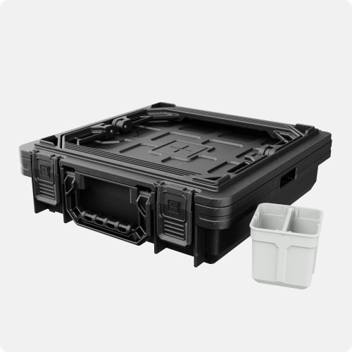 UbeCube (modular-storage-crate) CrateWork™ (portable-organizer-box) tackle and gear storage case with foldable waterproof lid and removable organizer bin and and modular divider bins.