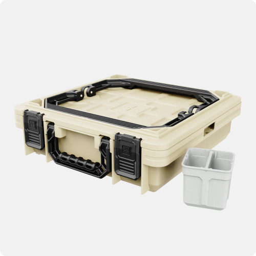 UbeCube (modular-storage-crate) CrateShot™ Field Box (portable-ammo-box) tackle and gear storage case with foldable waterproof lid and removable organizer bin and and modular divider bins.