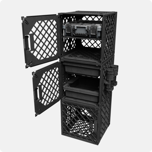 CrateWhite™ TackleStack 01 fishing storage tower with open crate doors, CrateShelf™ storage, tackle organization trays, and Fishing Pole Holders