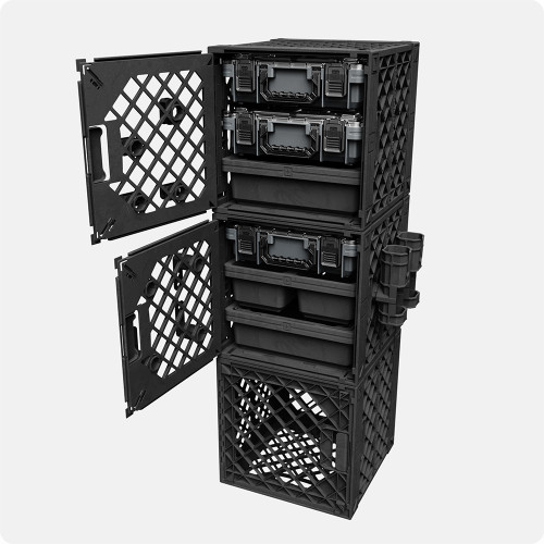 CrateWhite™ TackleStack 02 with open UC02 Lidless Crates, three CrateWhite™ Tackleboxes, Drop-In™ Trays, and Fishing Pole Holders for garage fishing storage.