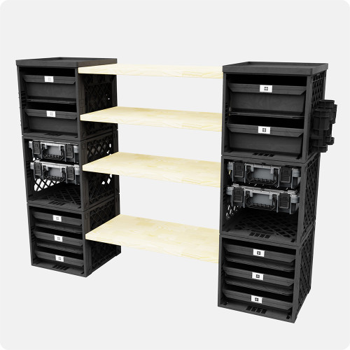 CrateWhite™ TackleStack 04 premium fishing garage storage system with dual crate towers, shelf spans, Tackleboxes, bins, and pull-out trays.