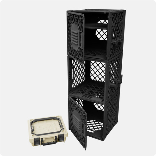 CrateShot LoadUp Kit with three stacked crates and Field Box placed beside system