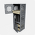 Gray UbeCube ToolTower modular storage with three stacked crates, open doors, and sand drop-in trays inside for organized tool storage.