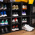 UbeCube CrateKicks™ modular shoe wall built from stacked UC02 Lidless crates with internal shelves holding multiple pairs of sneakers for organized closet or bedroom storage (sneaker-storage, dorm-organization, modular-furniture)