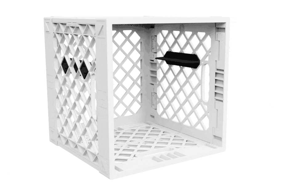 Animated GIF showing a 1x3 Grabinet™ kit being installed into a white UC02 lidless UbeCube crate.