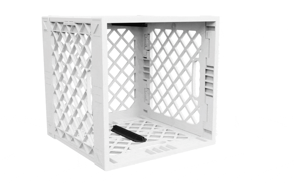 Animated GIF showing a 2x2 Grabinet™ kit being installed into a white UC02 lidless UbeCube crate.