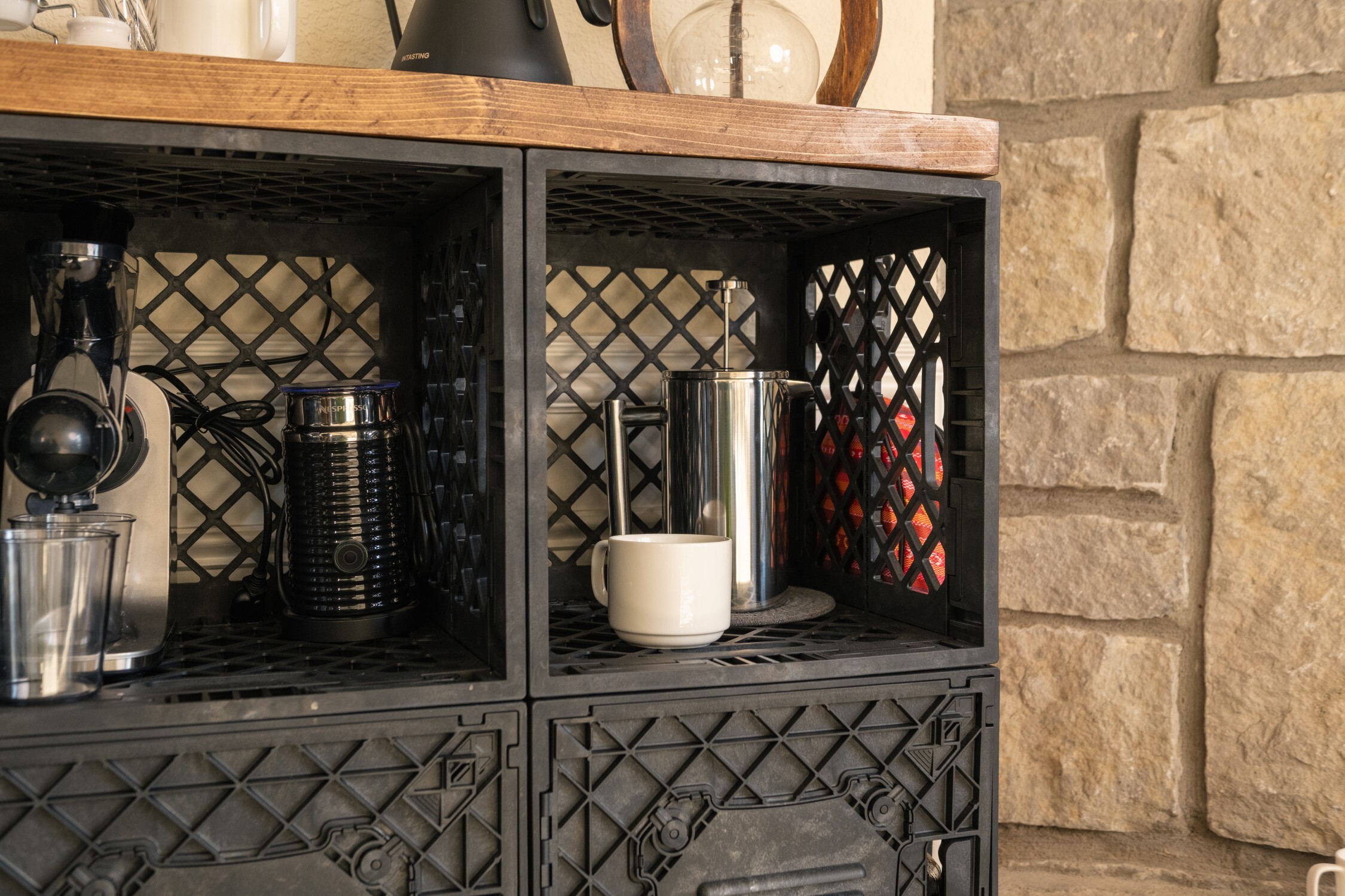 Kitchen beverage station with UC02 Lidless crate being used as under-countertop cubbies.