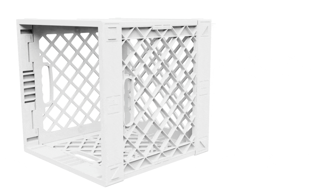 Animated GIF showing the ClosetStrips being installed onto the side a white UC02 lidless UbeCube crate using D-Ring connectors.