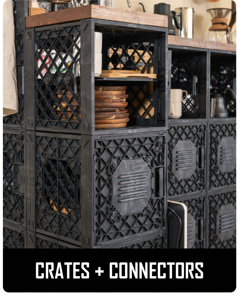 CratePlay™ modular crates connected into a storage cabinet with a wood top and black crate panels.