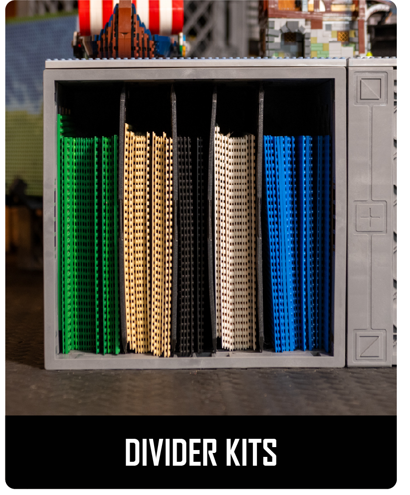 CratePlay™ divider kit inside a gray crate, organizing colorful build plates or thin project pieces.