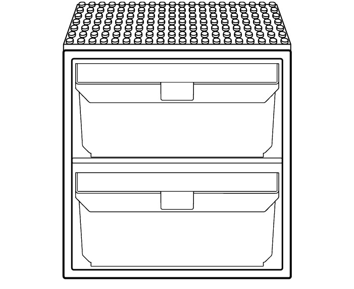 Line drawing of a CratePlay™ storage cube with a build plate top and two pull-out bins.