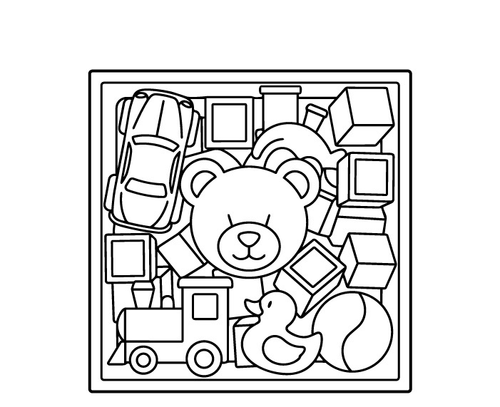 Line drawing of a toy storage bin filled with a teddy bear, toy car, blocks, and playroom items.